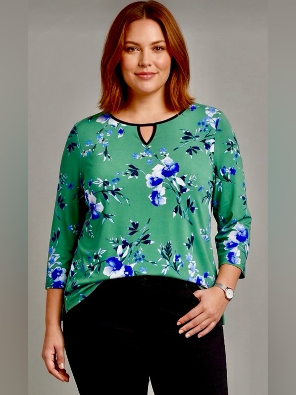 Liz Claiborne Green Floral 3/4 Sleeves Blouse, XL, P2P:23”, EUC